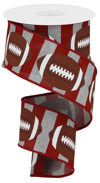 Light Grey Brown - Crimson Footballs On Royal Ribbon - ( 2-1/2 Inch