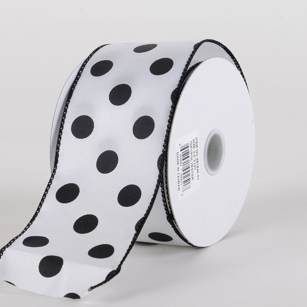 2.5 x 10 Yard White with Polka Dot Wired Ribbon