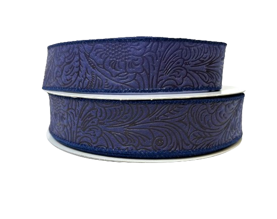 Navy Blue Flower Embossed Wired Ribbon - 7/8 Inch x 50 Yards