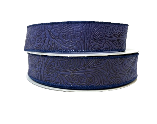 Navy Blue Flower Embossed Wired Ribbon - 7/8 Inch x 50 Yards