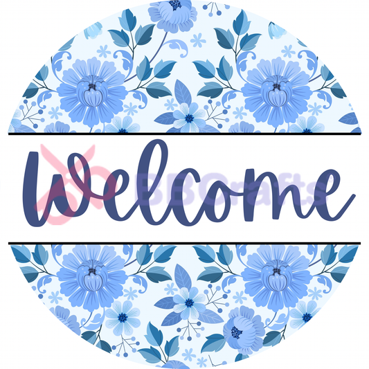 Welcome Blue Flower Metal Sign - Made In USA