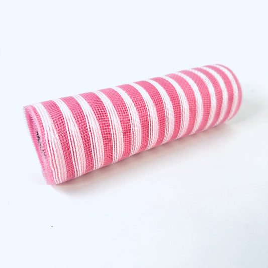 Pink White Stripes Poly Deco Mesh - 10 Inch x 10 Yards