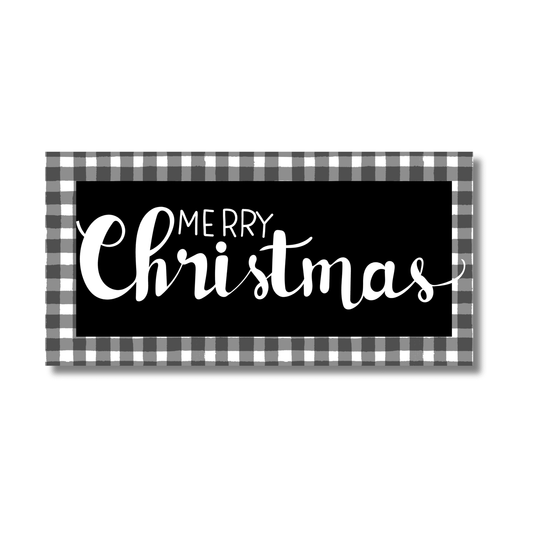 12 Inch X 6 Inch Rectangular Metal Sign: MERRY XMAS GINGHAM DESIGN - Wreath Accents - Made In USA BBCrafts.com