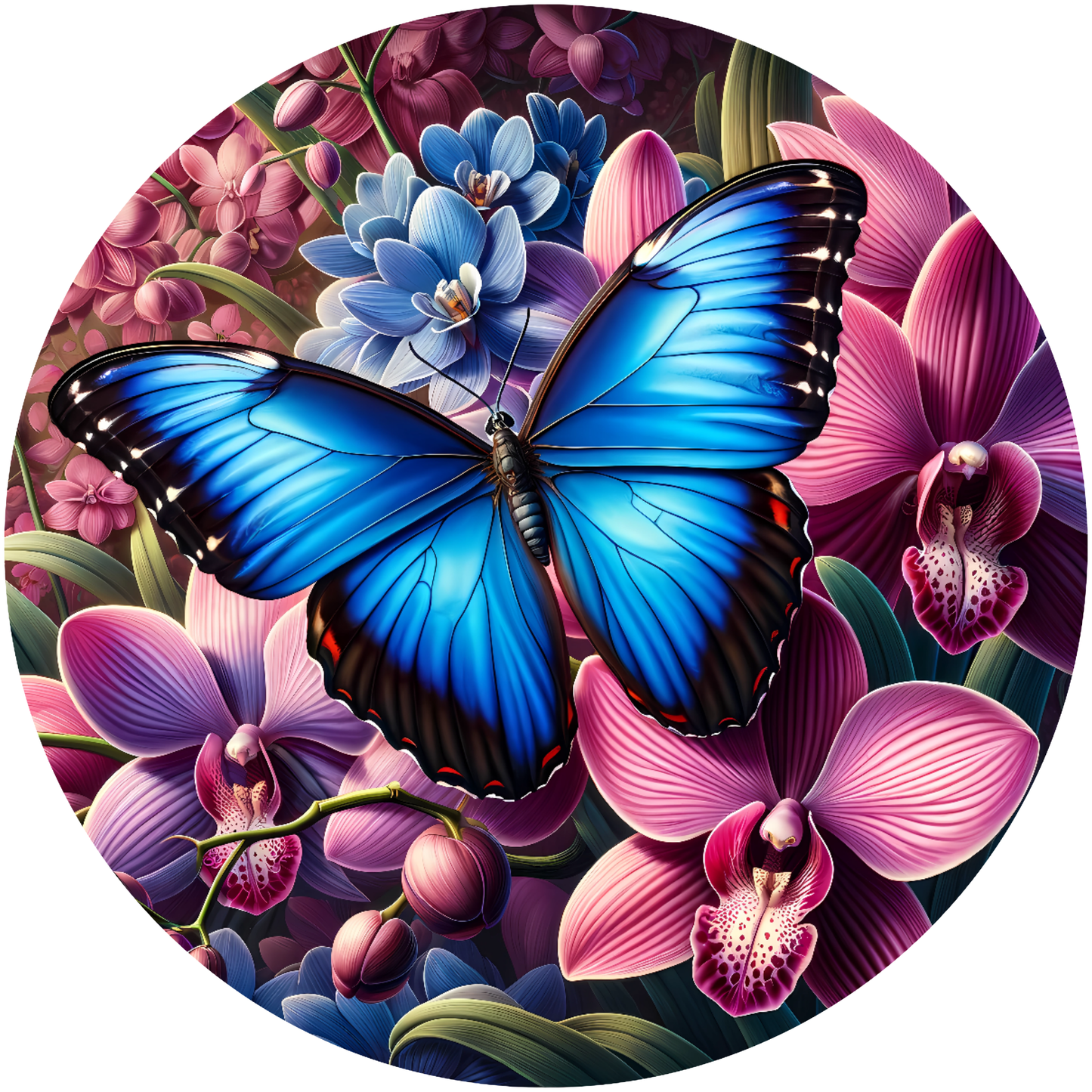 Blue Morpho Butterfly on Flowers Metal Sign - Made In USA