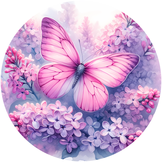 Pink Butterfly on Purple Flowers Metal Sign - Made In USA