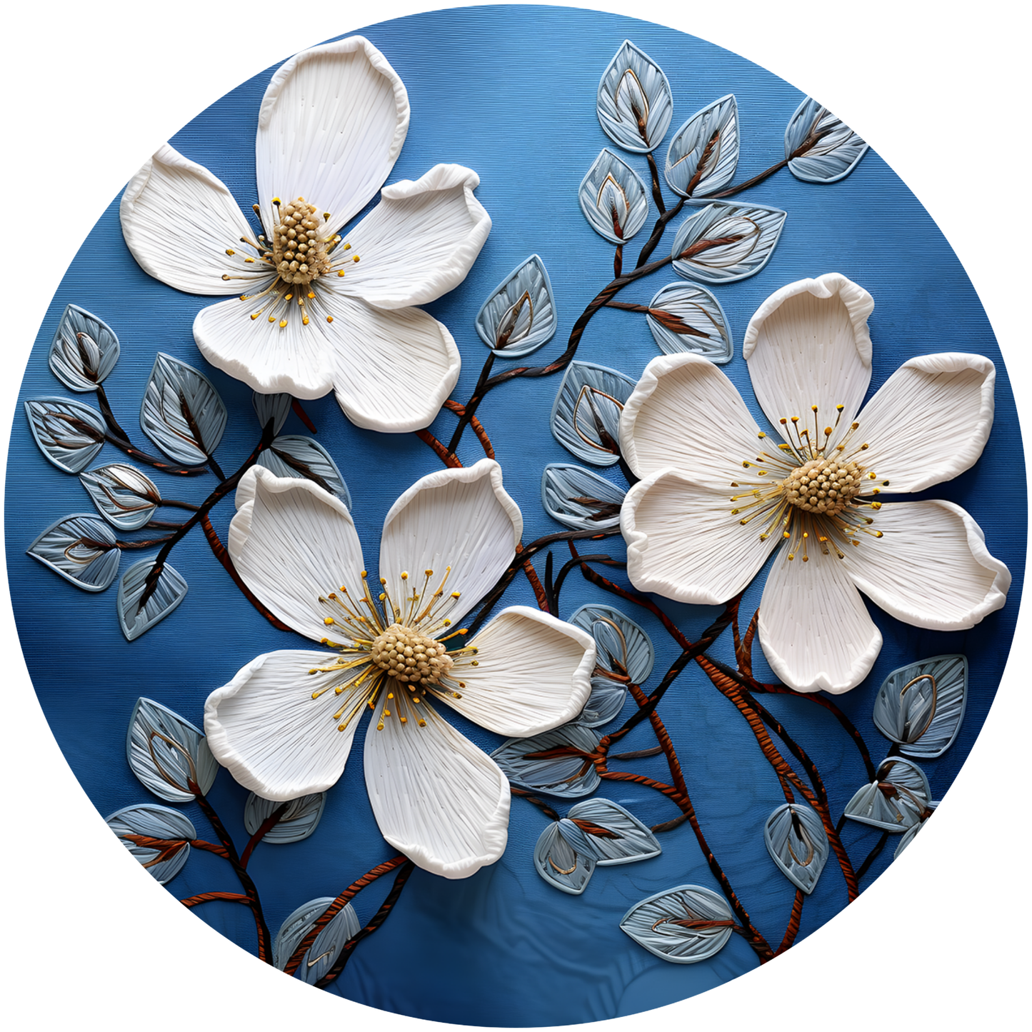 Blue and White Embroidered Flower Metal Sign - Made In USA