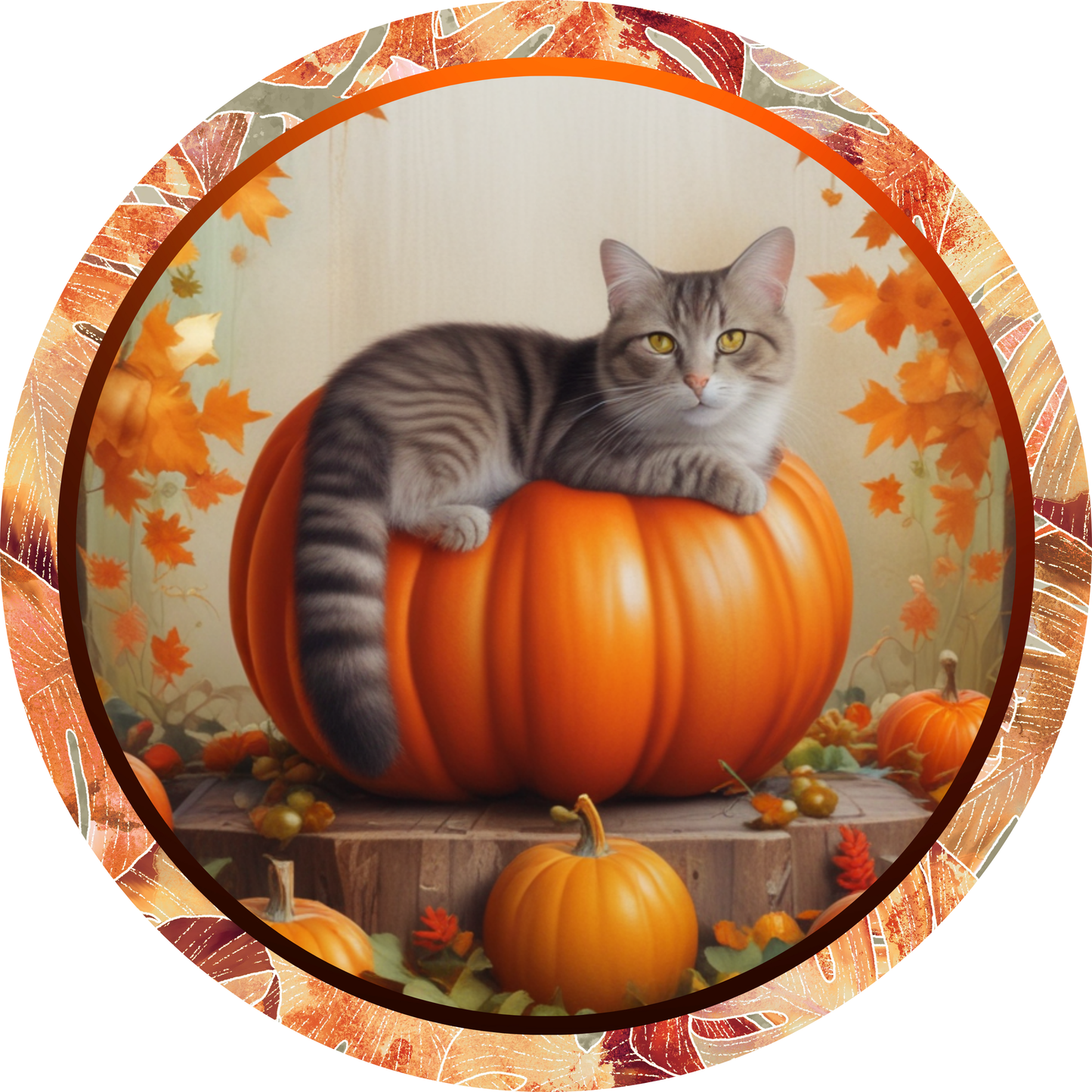 Tabby Cat on a Pumpkin Fall Metal Sign - Made In USA