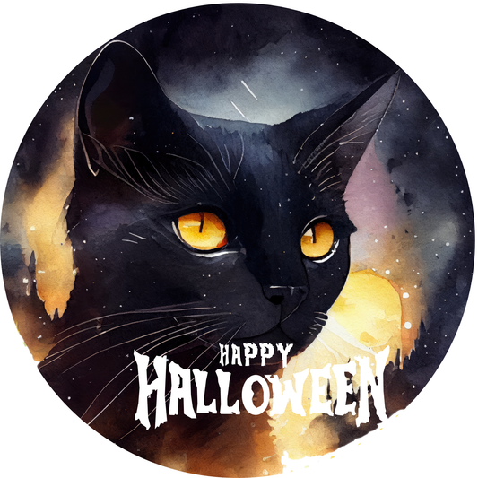 Happy Halloween Black Cat Metal Sign - Made In USA