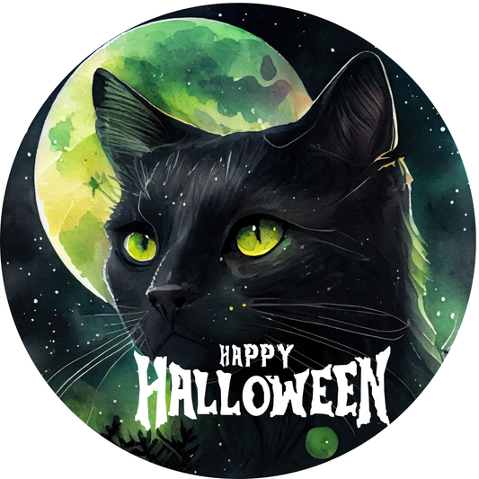 Happy Halloween Black Cat Metal Sign - Made In USA