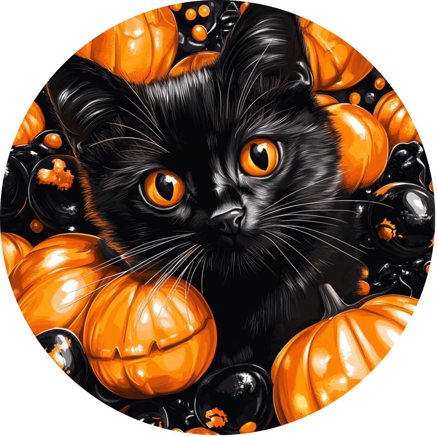 Black Cat Peeking Out From Pumpkins Metal Sign - Made In USA