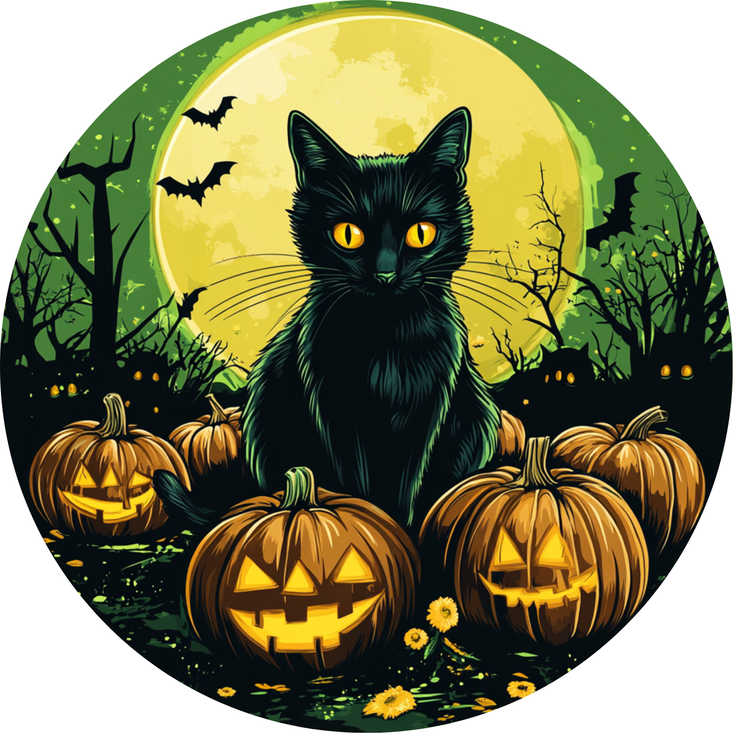 Black Cat and Pumpkins Metal Sign - Made In USA