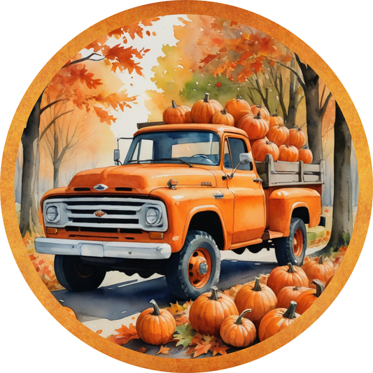 Vintage Truck Overflowing with Pumpkins Metal Sign - Made In USA