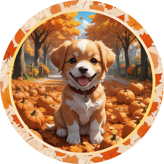 Puppy in a Patch of Pumpkins Metal Sign - Made In USA