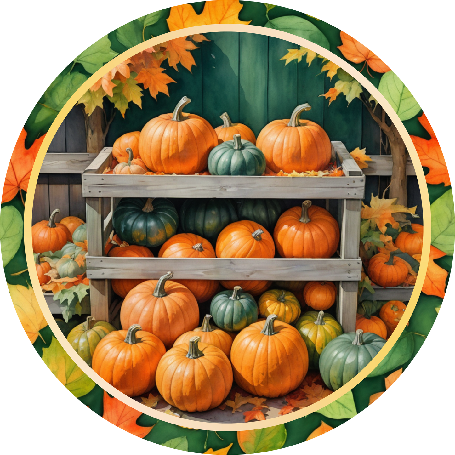 Colorful Pumpkins in a Wooden Crate Metal Sign - Made In USA