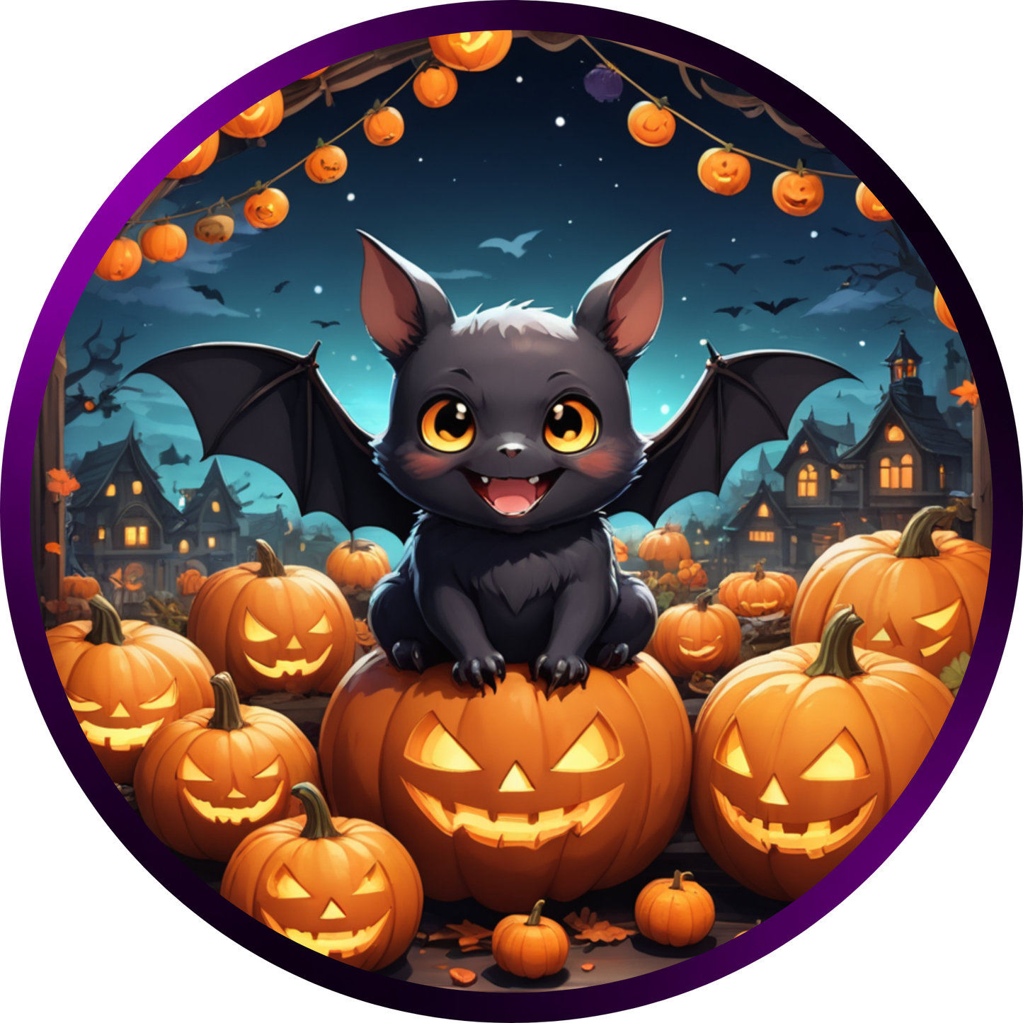 Cute Bat on a Pumpkin Patch Metal Sign - Made In USA