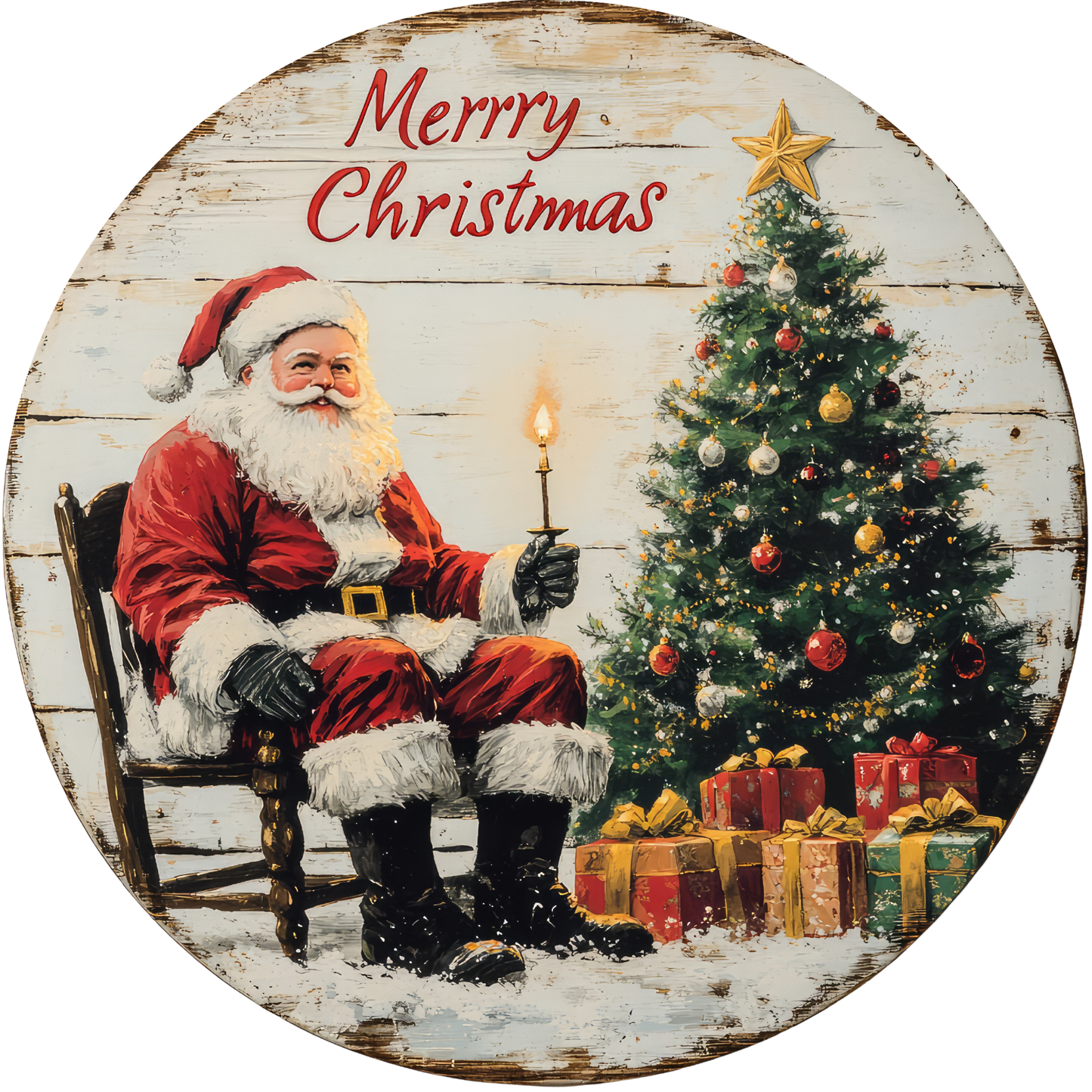 Santa with Candlelight Christmas Tree Metal Sign - Made In USA