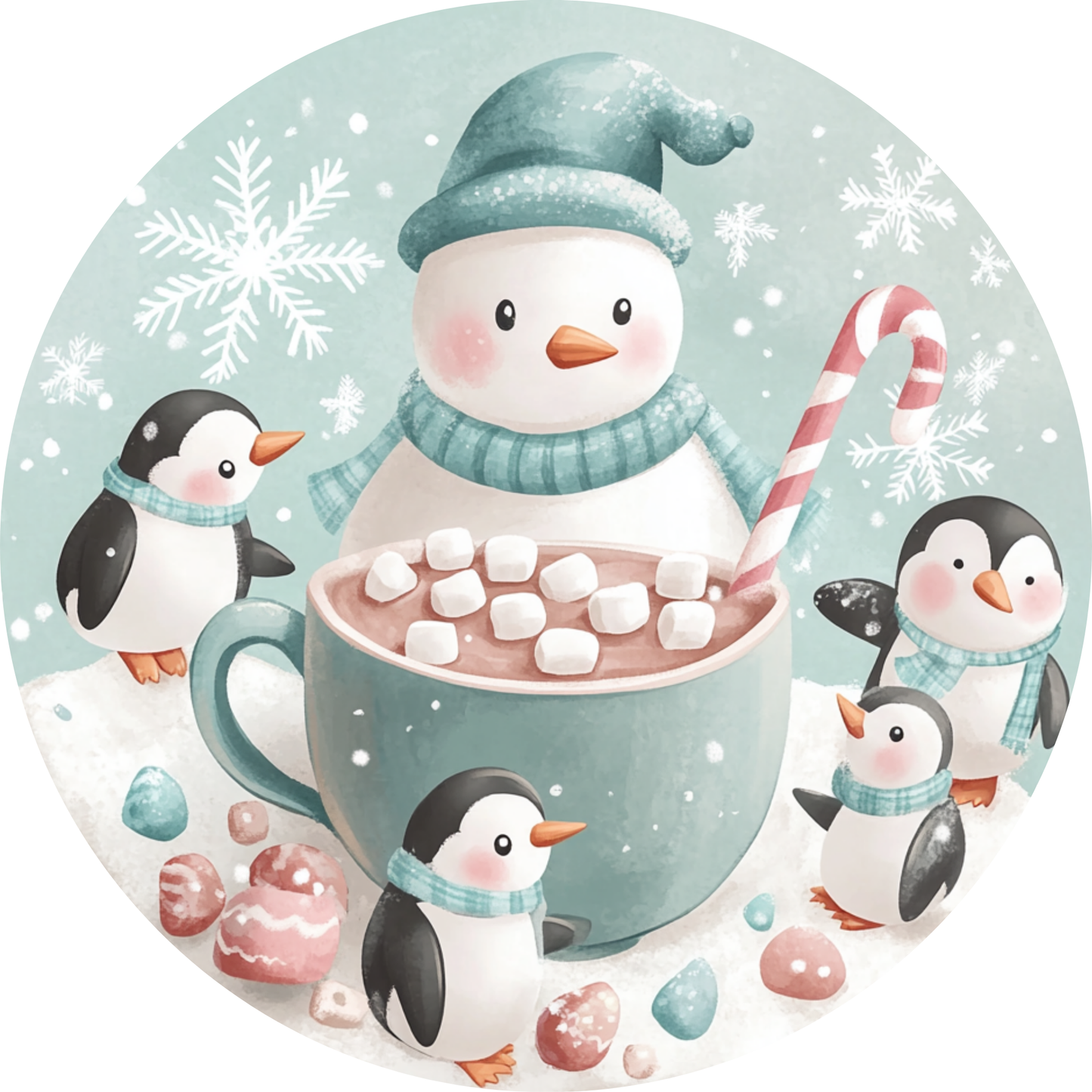 Snowy Hot Cocoa Penguin & Snowman Metal Sign - Made In USA