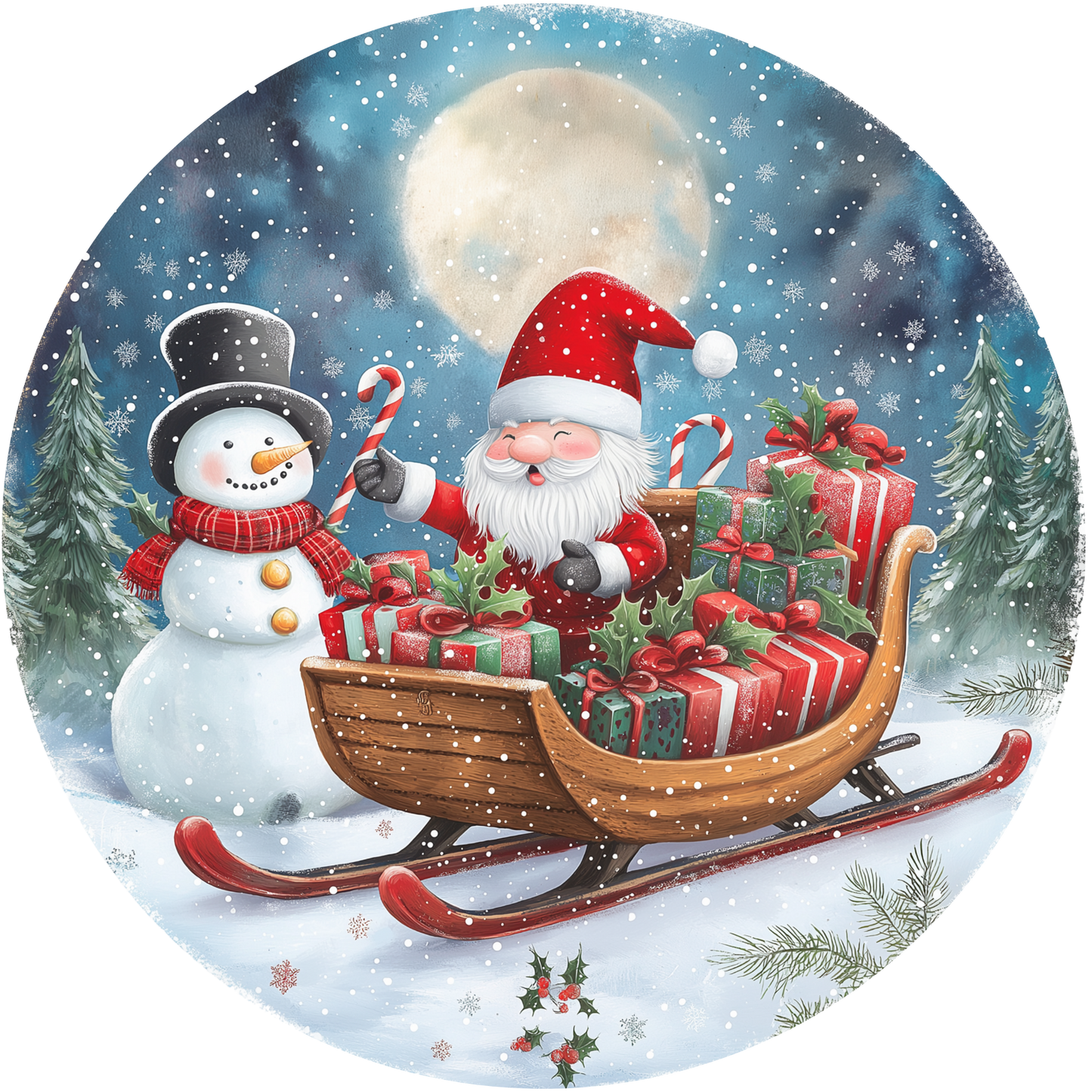 Santa and Snowman on a Snowy Night Metal Sign - Made In USA