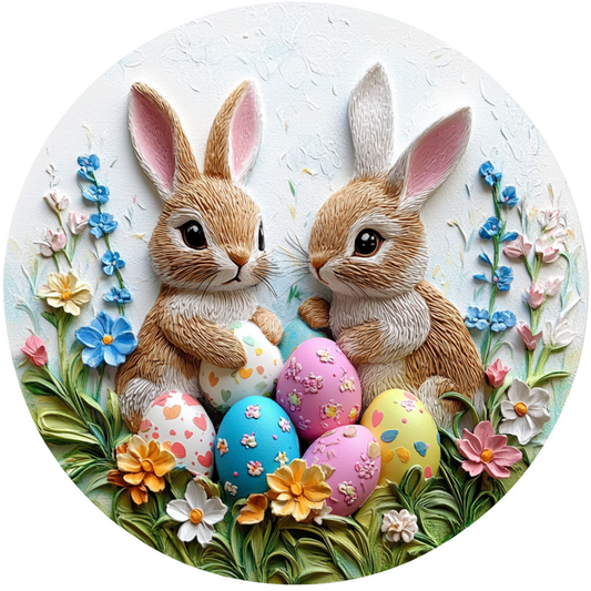 Easter Bunnies with Eggs and Spring Flowers Metal Sign - Made in USA