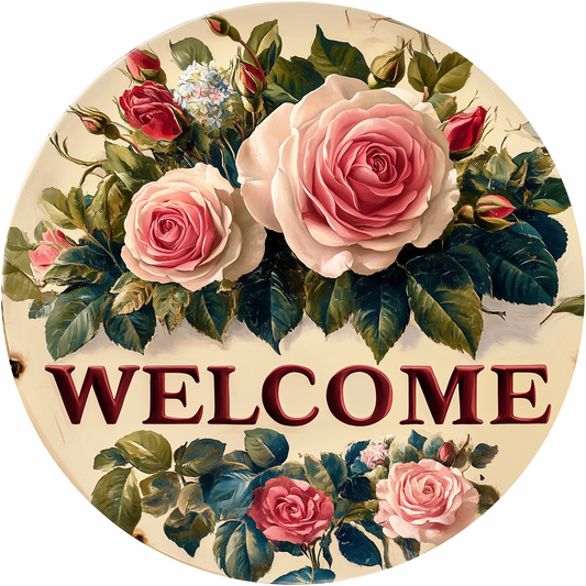 Welcome with Roses Metal Sign - Made In USA