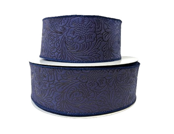 Navy Blue Flower Embossed Wired Ribbon - 2-1/2 Inch x 50 Yards