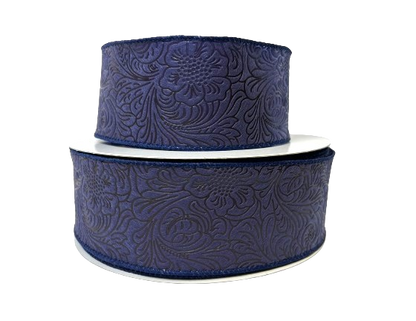 Navy Blue Flower Embossed Wired Ribbon - 2-1/2 Inch x 50 Yards