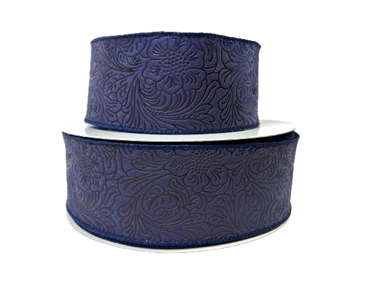 Navy Blue Flower Embossed Wired Ribbon - 2-1/2 Inch x 50 Yards