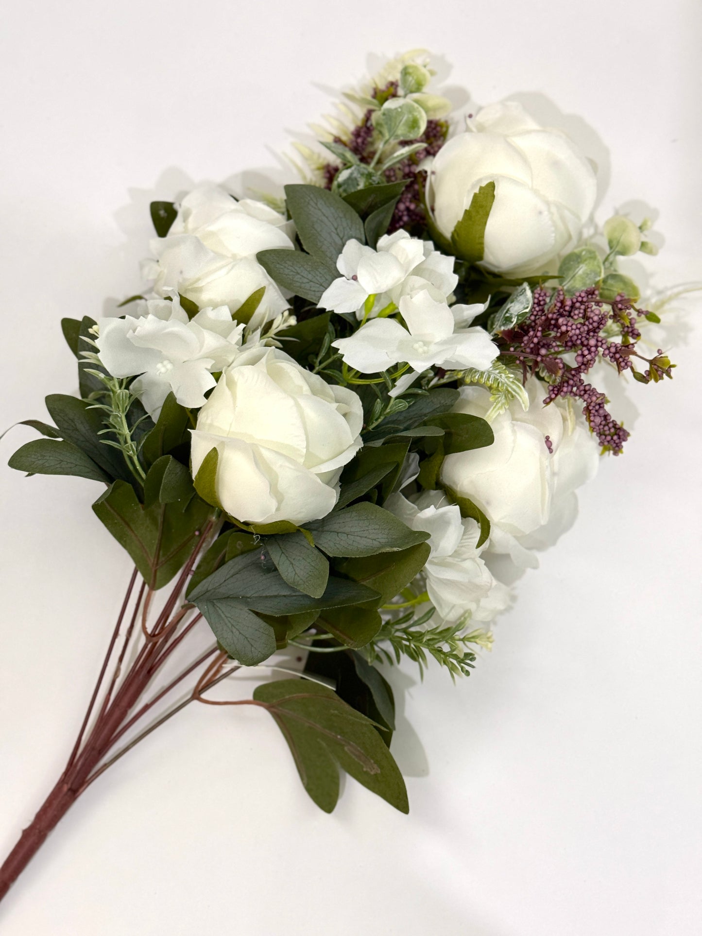 19" Rose Mixed Bush Artificial Silk Flower Spray - White