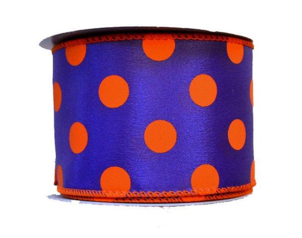 Satin Polka Dot Ribbon Wired Purple with Orange Dots ( W: 2 - 1/2 Inch | L: 10 Yards )