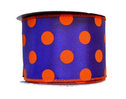 Satin Polka Dot Ribbon Wired Purple with Orange Dots ( W: 2 - 1/2 Inch | L: 10 Yards )