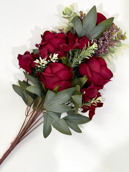 19" Rose Mixed Bush Artificial Silk Flower Spray - Burgundy