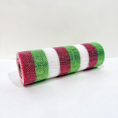 Apple Green, Red, White - Poly Deco Mesh with Laser Mono Stripe - ( 10 Inch x 10 Yards )