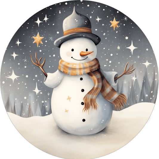 6 Inch Round Christmas Metal Sign: SHINY SNOWMAN - Wreath Accent - Made In USA BBCrafts.com