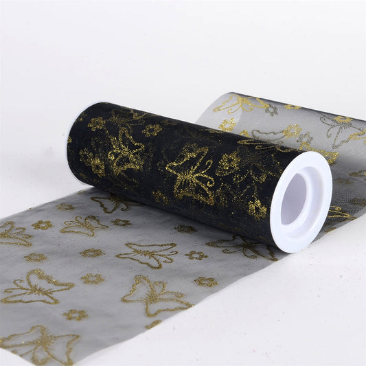 6 Inch x 10 Yards Glitter Butterfly Organza Roll - Black BBCrafts.com