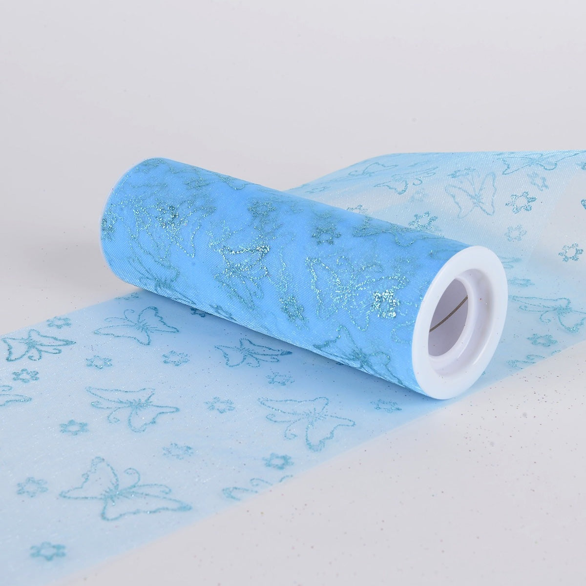 6 Inch x 10 Yards Glitter Butterfly Organza Roll - Light Blue BBCrafts.com