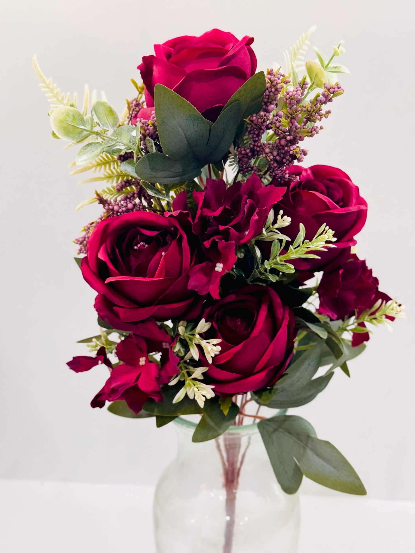 19" Rose Mixed Bush Artificial Silk Flower Spray - Burgundy