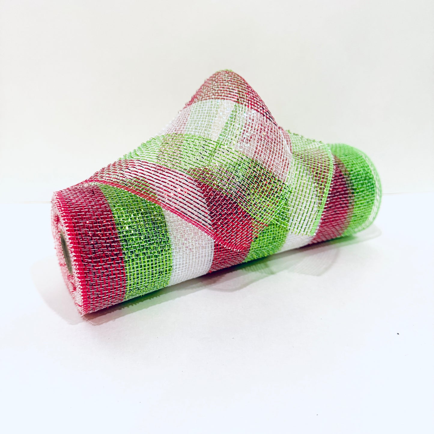 Apple Green, Red, White - Poly Deco Mesh with Laser Mono Stripe - ( 10 Inch x 10 Yards )