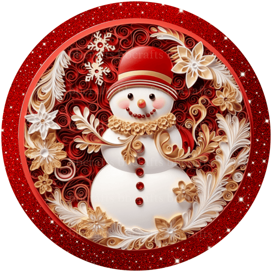 8 Inch Round Christmas Metal Sign: 3D snowman - Wreath Accents - Made In USA