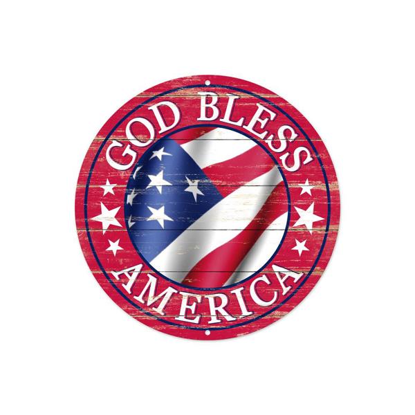 8 Inch Dia - God Bless America Sign - Antique Red White Blue - BBCrafts