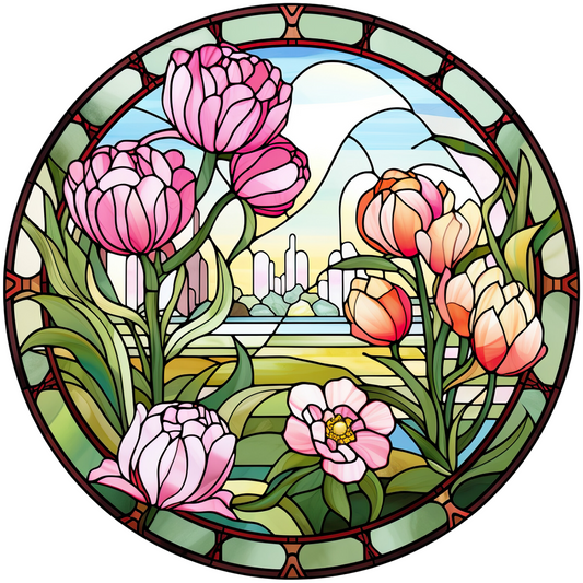 Tulips Style Stained Glass Metal Sign: Made In USA