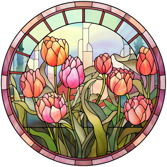 Tulips Style Stained Glass Metal Sign: Made In USA