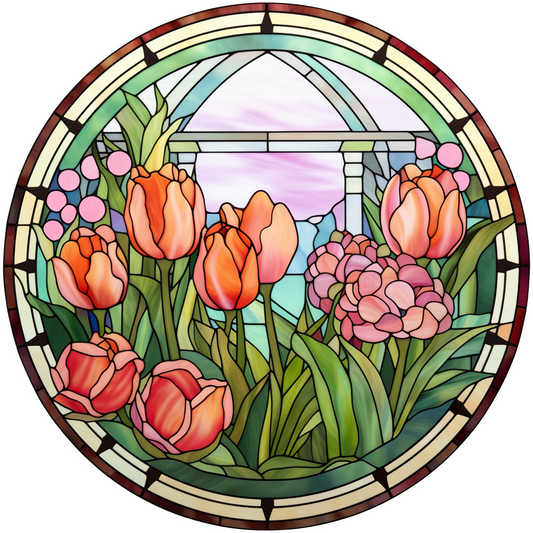 Tulips Style Stained Glass Metal Sign: Made In USA