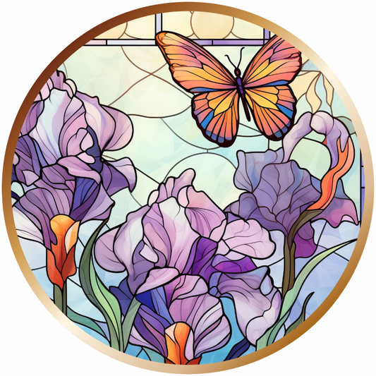 Stained Glass Butterfly and Flowers Metal Sign: Made In USA