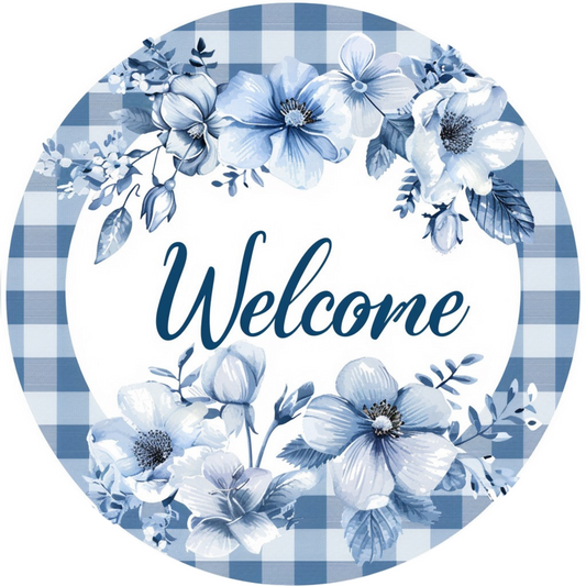 Welcome with Blue Flowers Metal Sign: Made In USA