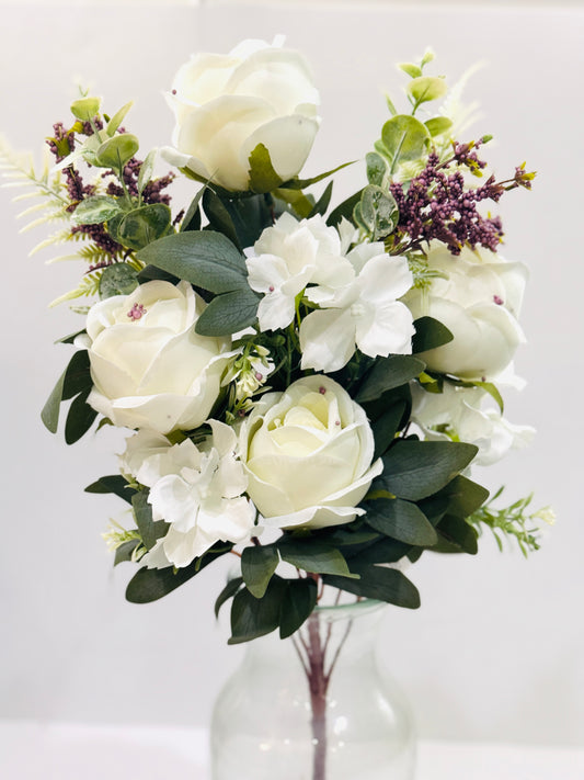 19" Rose Mixed Bush Artificial Silk Flower Spray - White