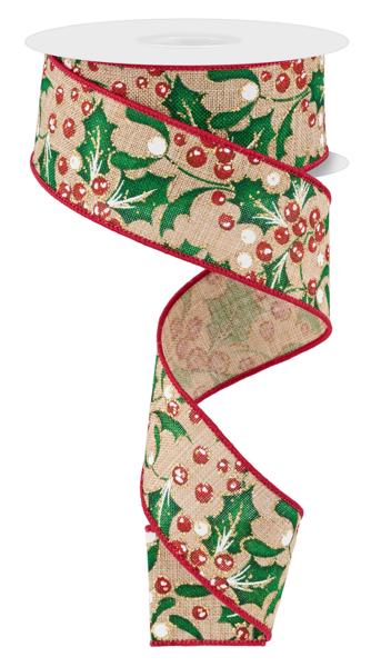 Beige Green Red White Gold - Holly Berry Mistletoe Royal Ribbon - ( 1-1/2 Inch | 10 Yards ) BBCrafts.com