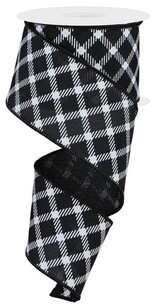 Black White - Diamnd Check/Faux Royal Burlap Wired Edge Ribbon - ( 2-1/2 Inch | 10 Yards ) BBCrafts.com