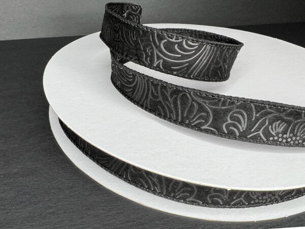 Black Flower Embossed Wired Ribbon - 7/8 Inch x 50 Yards