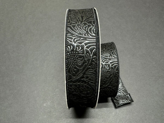 Black Flower Embossed Wired Ribbon - 1-1/2 Inch x 50 Yards