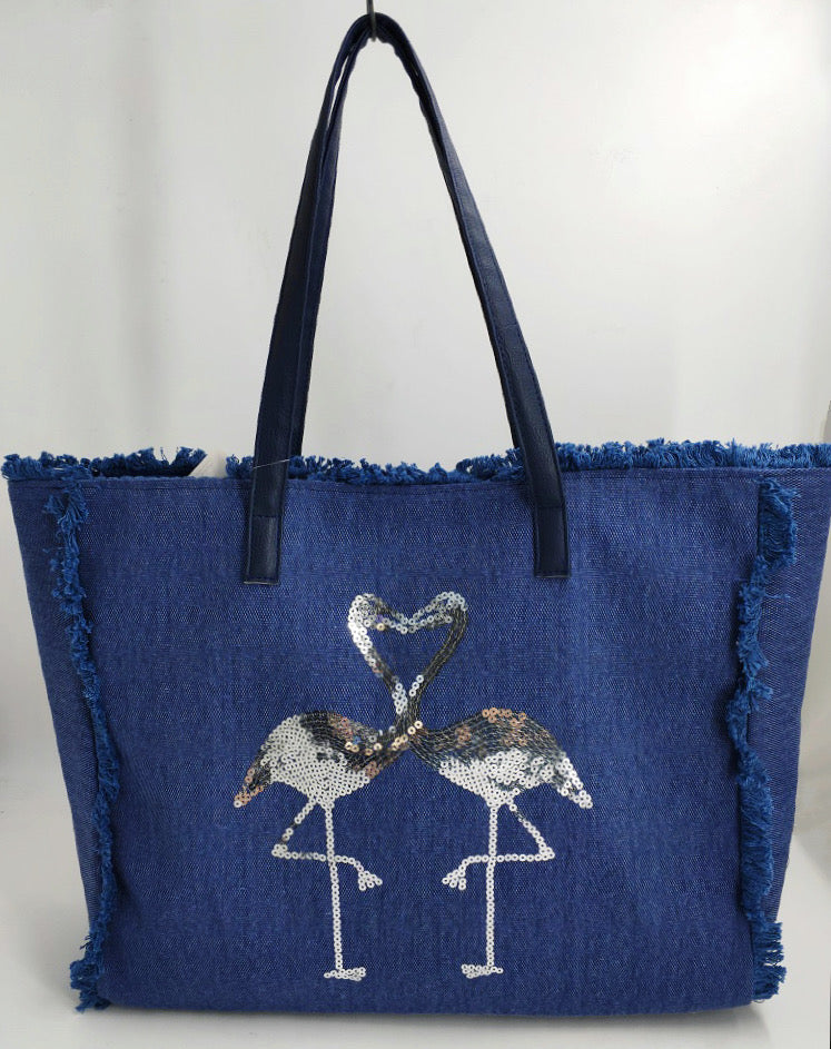 Blue Flamingo Canvas Tote Bag - 19 Inch x 15 Inch - Women Swim Pool Bag Large Tote BBCrafts.com